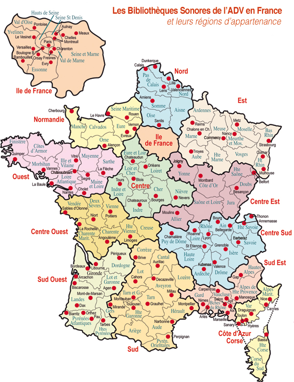 Carte de France avec implantations des Bibliothèques Sonores
