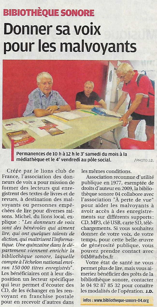 Page intérieure du journal La Provence Donner sa voix pour les malvoyants