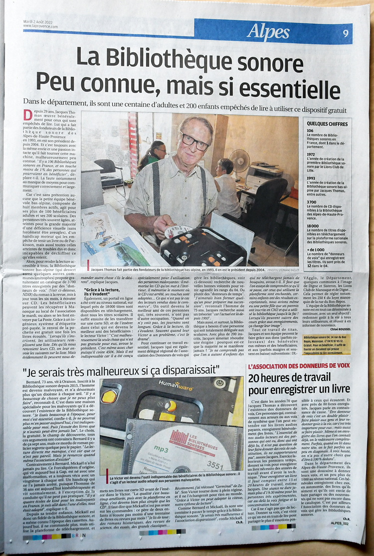 Page intérieure du journal La Provence avec la photo de Jacques THOMAS, président de la Bibliothèque Sonore des Alpes de Haute-Provence